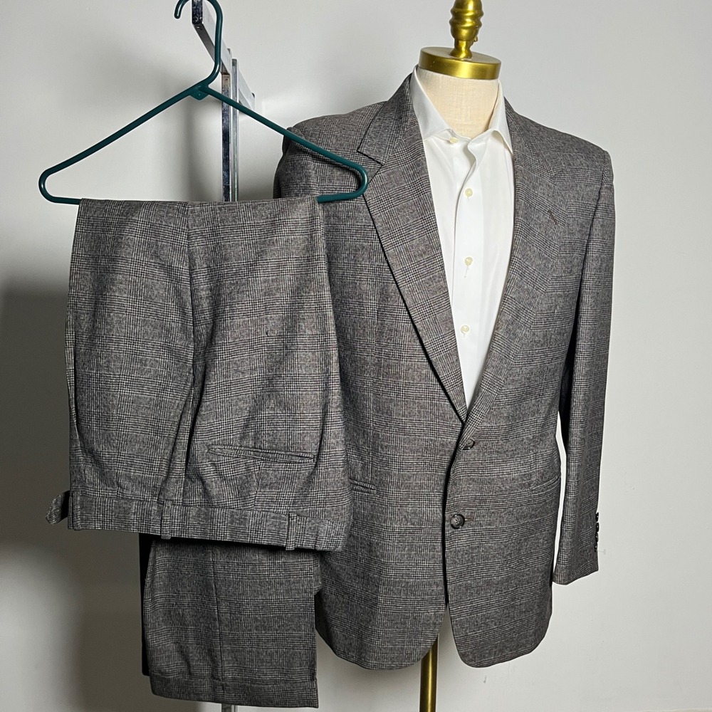Jean-Paul Germain 2-Piece Suit Mens 41L 32W Grey Glen Plaid Vintage 2-Button